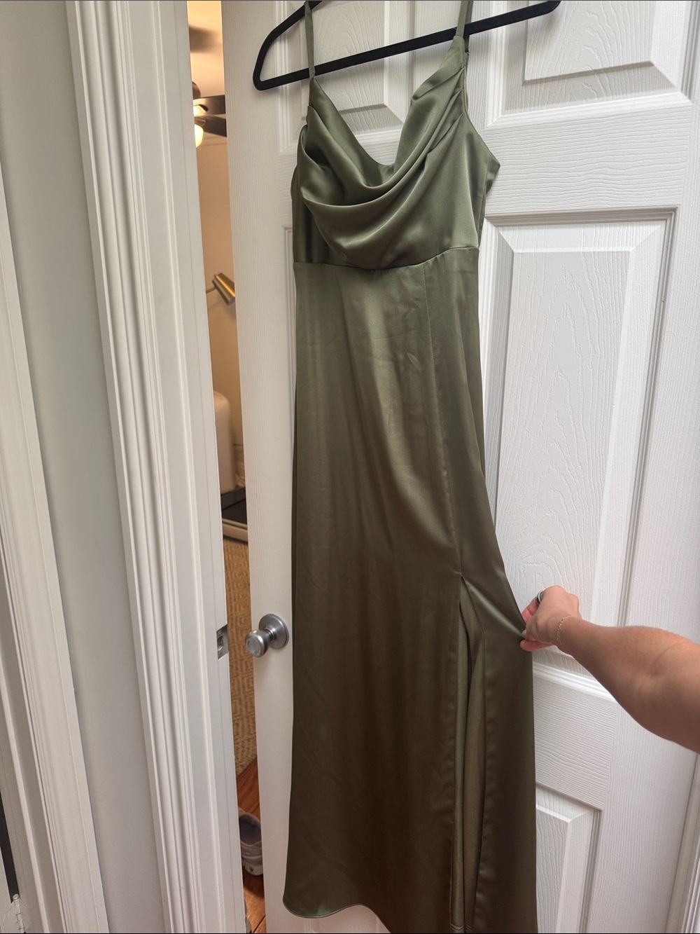 Revelry Olive Green Satin Cowl Slip Maxi Dress - Bridesmaid or wedding guest